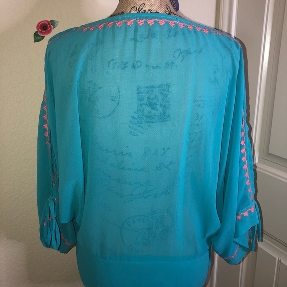 Karlie Sheer Turquoise & Embroidered in Coral Kimono Sleeve Blouse Size M - Picture 8 of 10